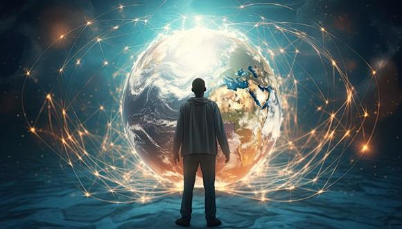 A person stood in front of a world globe, symbolising the power of global collaboration