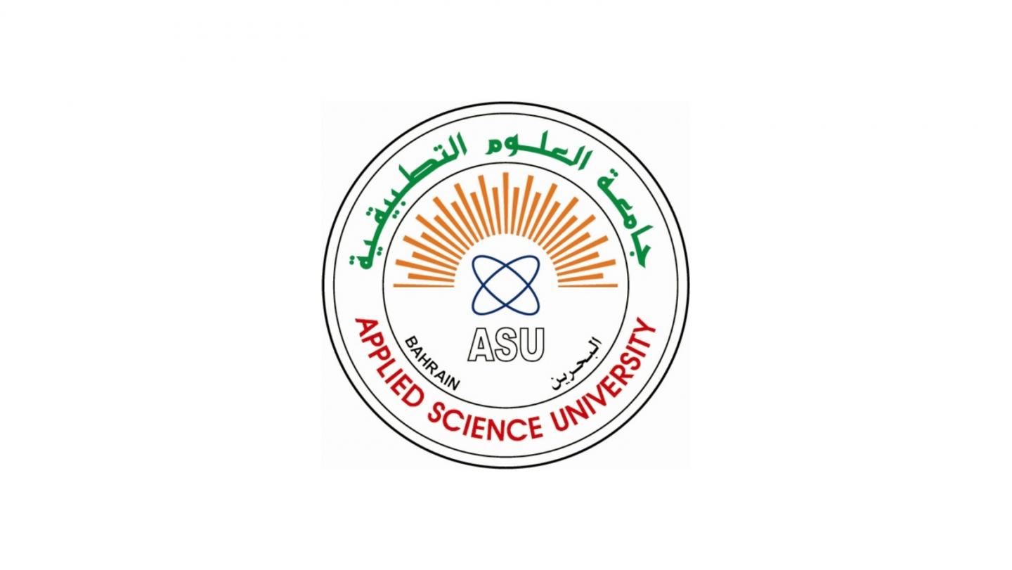 This is a logo of the Applied Science University of Bahrain which is a circle with its name in both English and Arabic