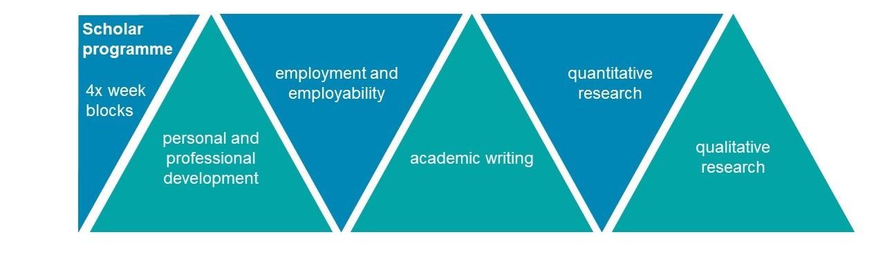 ASPIRE scholar programme week blocks: personal and professional development, employment and employability, academic writing, quantitative research and qualitative research