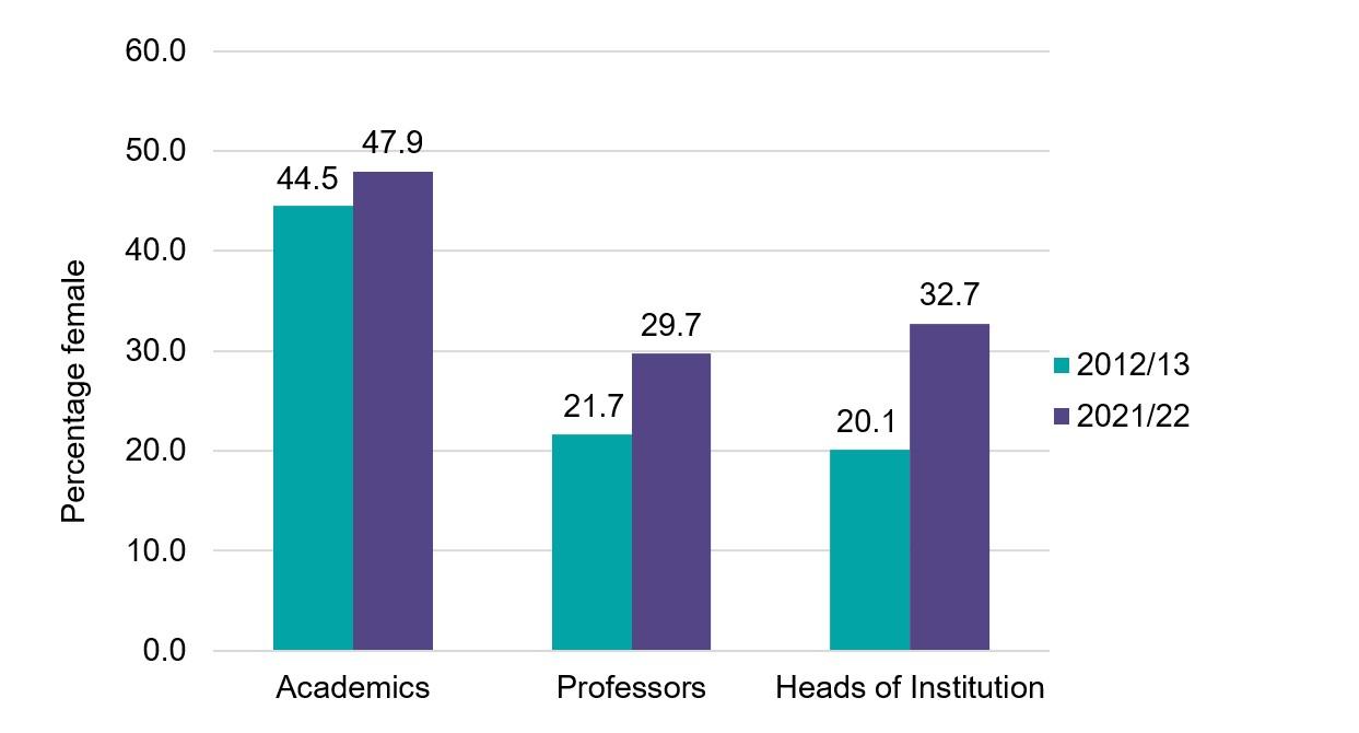 Female representation (%) amongst academic staff, professors and Heads of Institution