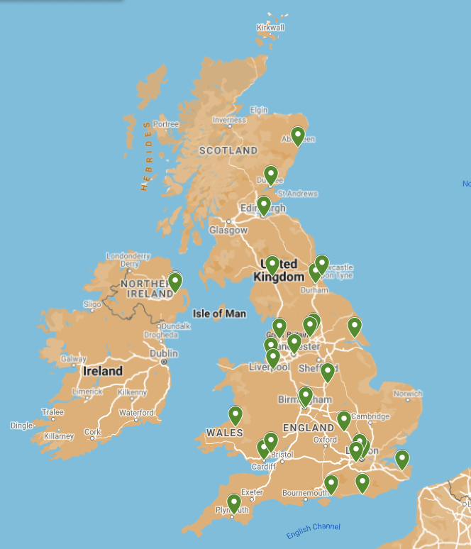 UK map of participating universities