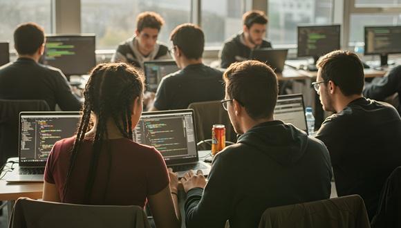 University students working around a table together with laptops open in the background