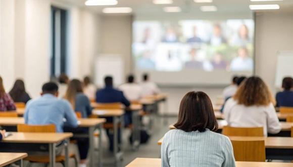  Downloaded  Save to Library  Preview Crop  Find Similar   File #:  1559674249 Blurred classroom setting with students seated and virtual participants visible on large screen